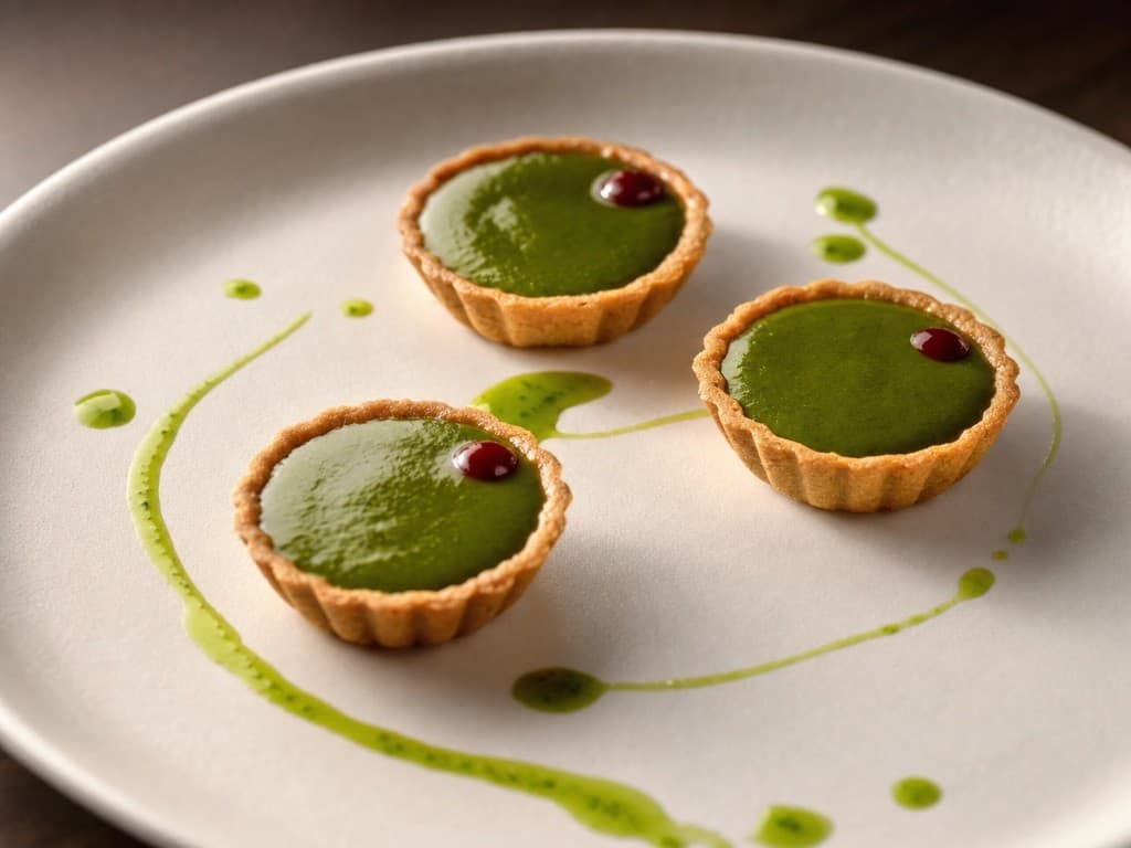 Callaloo custard tartlets with pepper oil and sorrel dot