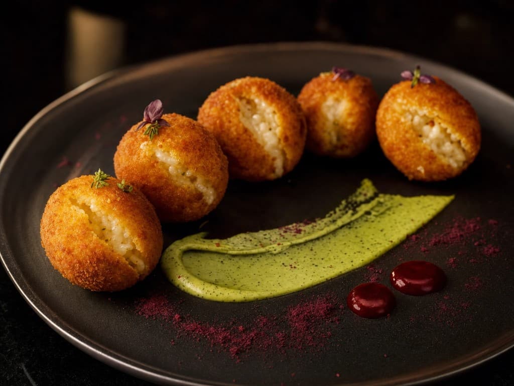 Coconut rice arancini with green seasoning aioli and sorrel dust