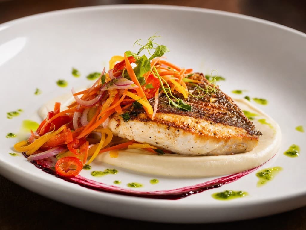 Escovitch snapper with maple-pickled vegetables and coconut rice crème