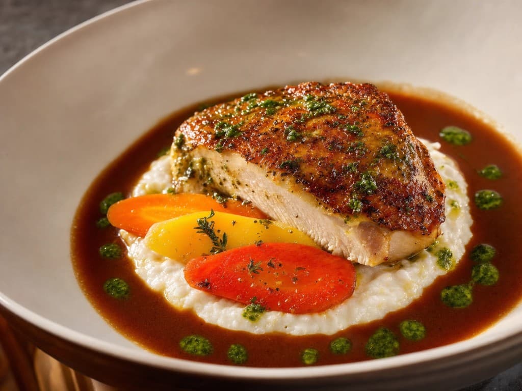 Green seasoning roasted chicken with coconut rice crème and brown stew pan jus