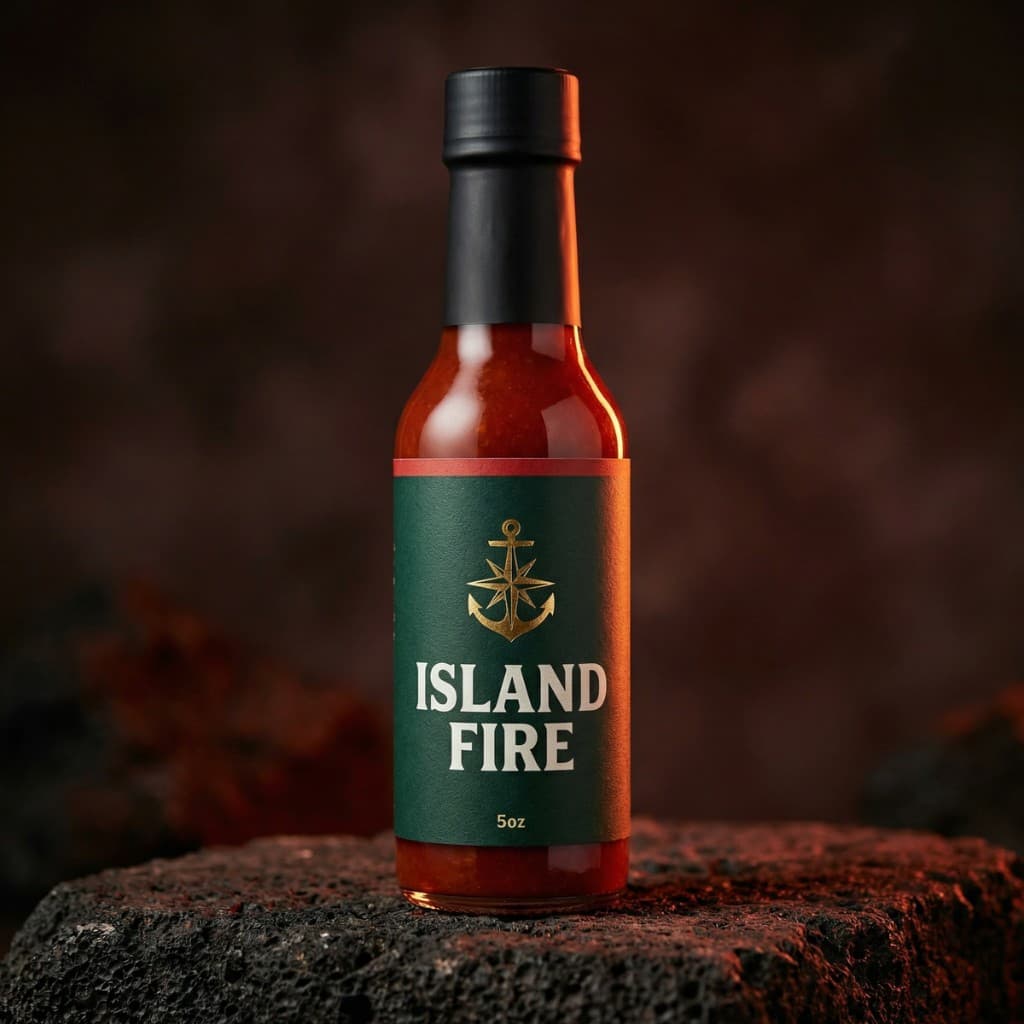 Bornfidis Island Fire hot sauce bottle on volcanic rock