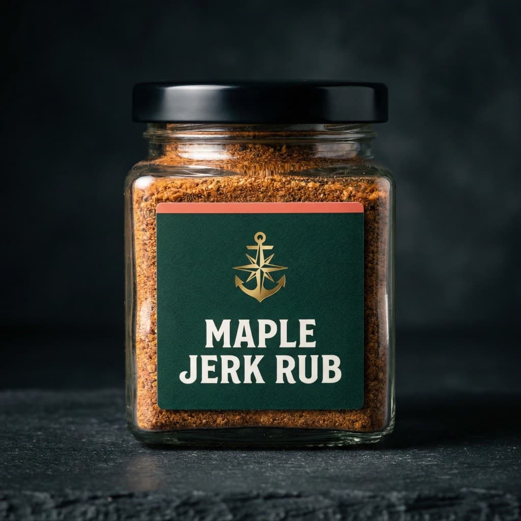 Bornfidis Maple Jerk Rub — glass jar with green label on dark stone