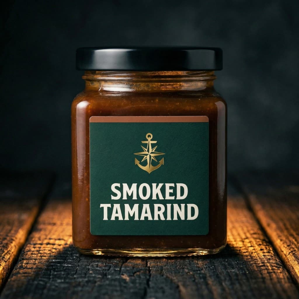 Bornfidis Smoked Tamarind BBQ sauce jar on charred wood